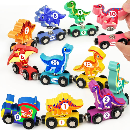 Vanmor Wooden Train Set with Dinosaur Toys, Educational Toddler Matching and Magnetic Number Train Learning Toys for Kids Ages 3-5, Montessori Gift for Boys and Girls who Love Trains and Dinosaurs