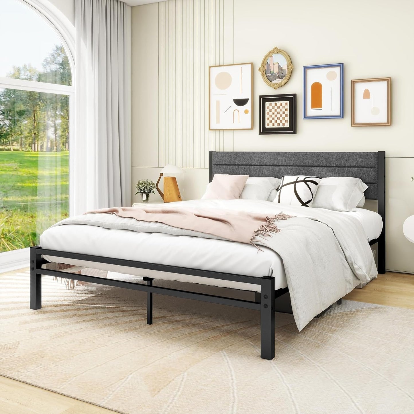 DUMEE Queen Bed Frame, Metal Bed Frame Queen Size with Upholstered Headboard, Heavy Duty Platform Bed Frame No Box Spring Needed &Easy Assembly, Gray Queen Bed