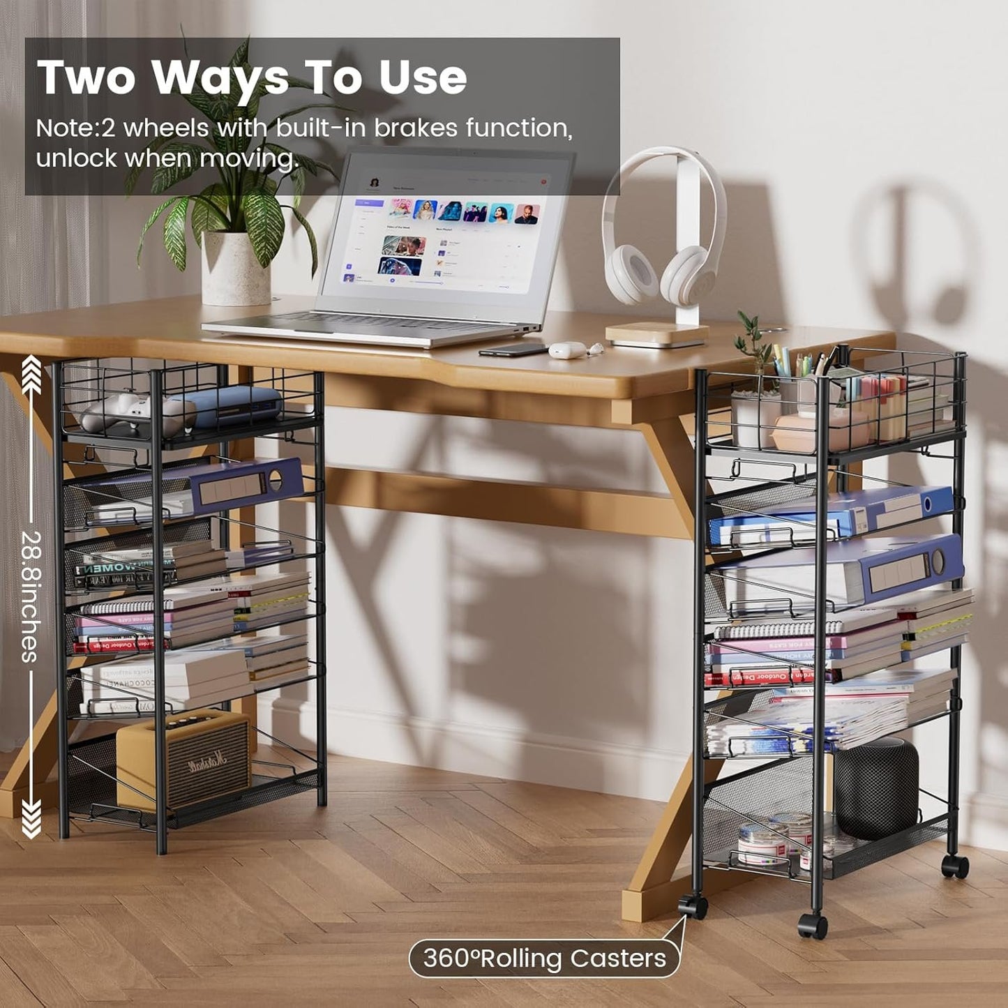 Rolling File Cart with Wheels,Shrivee 6 Tier Metal Rolling File Organizer Cart Beside Desk,Mobile Book Carts with Wheels for Office Home School Teacher Classroom Paper Letter Organization,Black