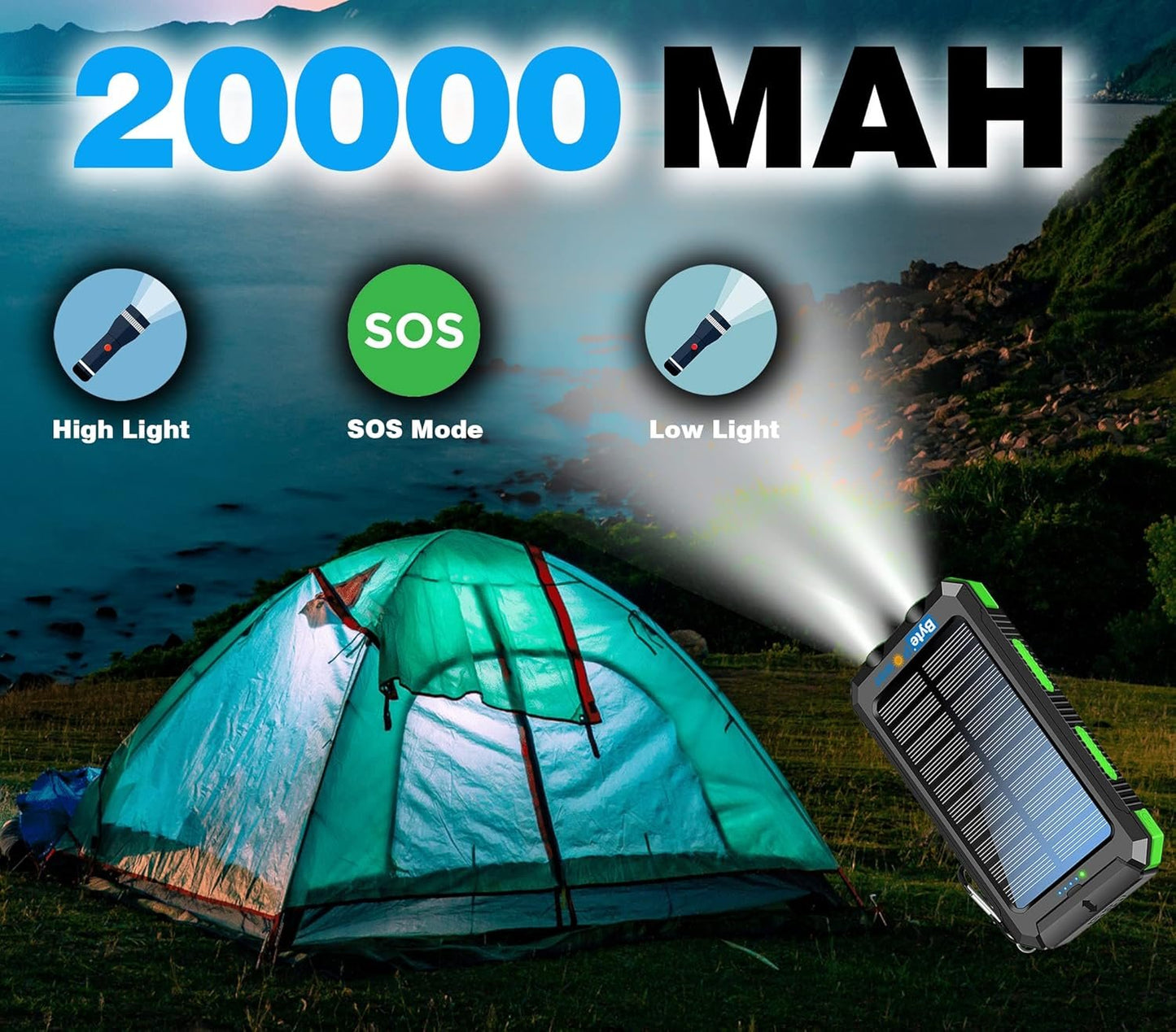 BytePower SolarCharger Power Bank 20000mAh, Portable Solar Pone Charger with Compass,Carabiner, Whistle,Flashlights,Solar Panel Charger,Camping Gear Accessory (Green)