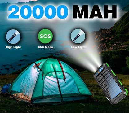 BytePower SolarCharger Power Bank 20000mAh, Portable Solar Pone Charger with Compass,Carabiner, Whistle,Flashlights,Solar Panel Charger,Camping Gear Accessory (Green)