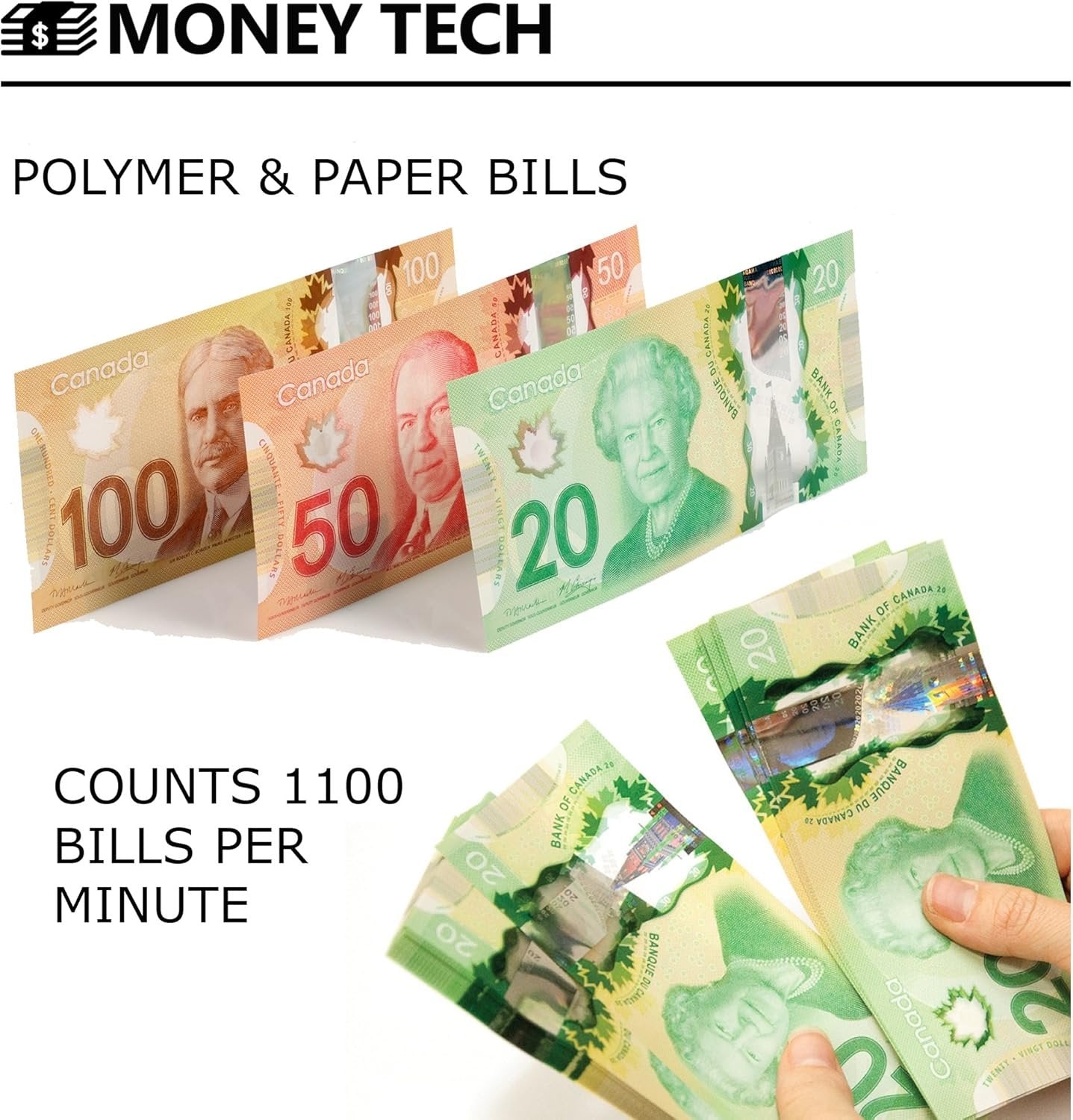 Money Tech Professional Polymer & Paper Multi-Currency Bill Cash Counter. Canadian Plastic & USD Banknote Counting Machine with Counterfeit Detection and LCD Screens.