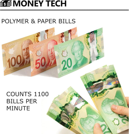 Money Tech Professional Polymer & Paper Multi-Currency Bill Cash Counter. Canadian Plastic & USD Banknote Counting Machine with Counterfeit Detection and LCD Screens.