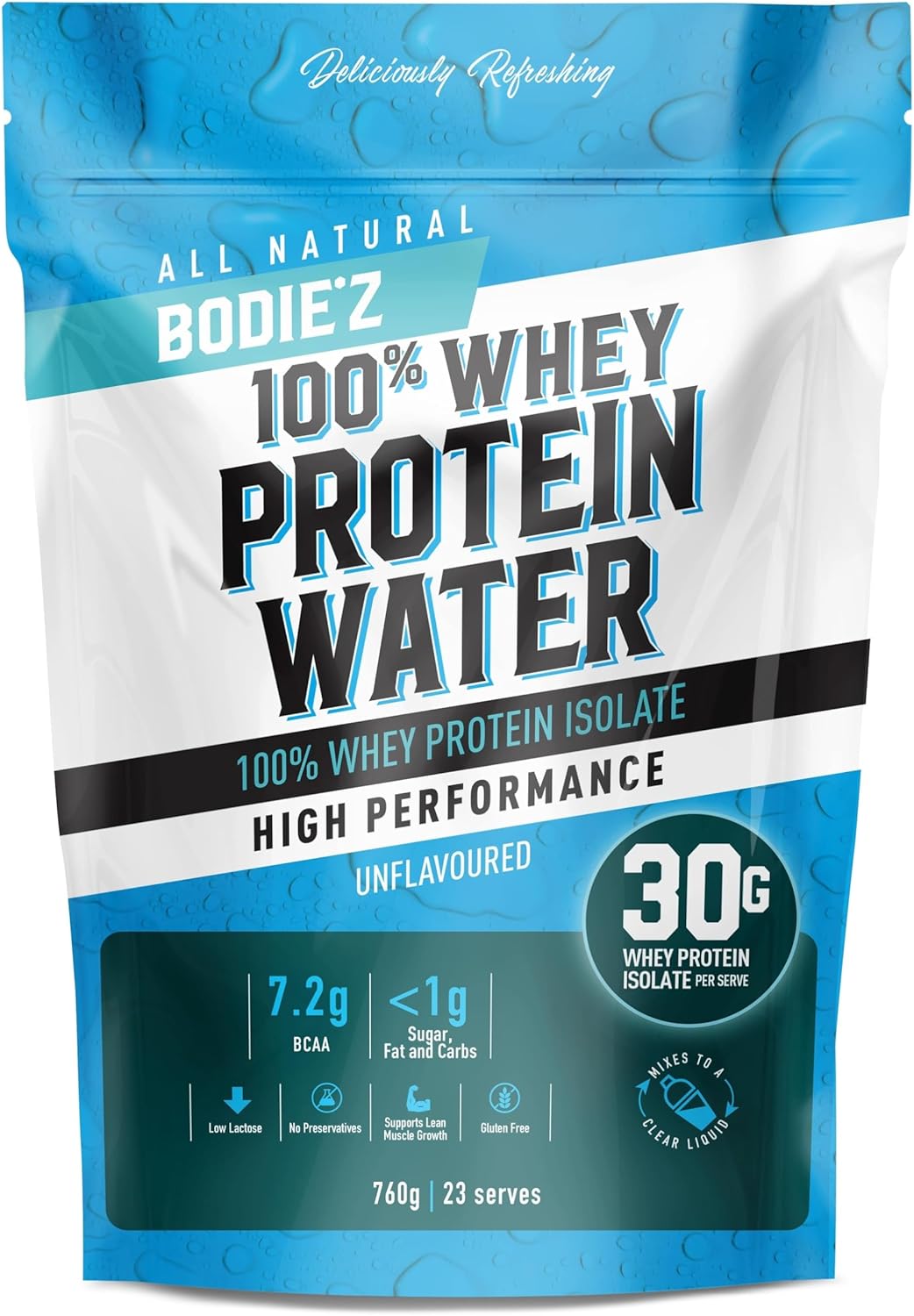 BODIE’Z Whey Protein Water Powder - 30g Protein Per Serve, Less than 1g Sugar Fat and Carbs 11 Vitamins and Minerals, Supplement for Lean Muscle Growth and Recovery, Mix with Water, 760g Unflavoured