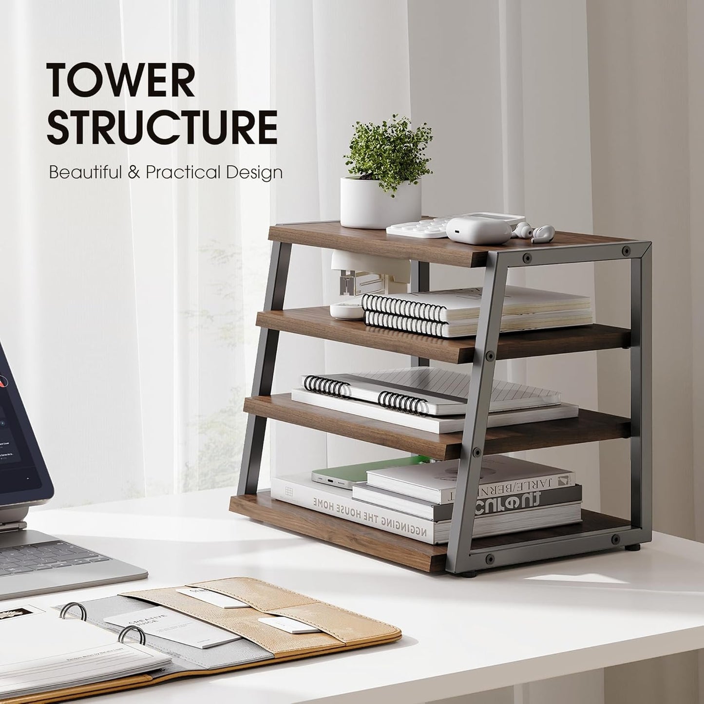 Fenge Desk Organizer, 4 Tier File Organizer for Desk, Wood and Metal Paper Letter Literature Mail Sorter, for Office Supplies and Accessories,Brown