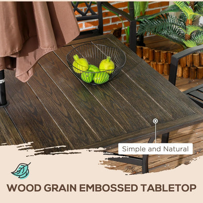 Outsunny 59 Inch Outdoor Dining Table for Six, Patio Table with Parasol Hole, Wood Grain Tabletop, Steel Frame, for Backyard, Garden, Balcony, Deck, Brown