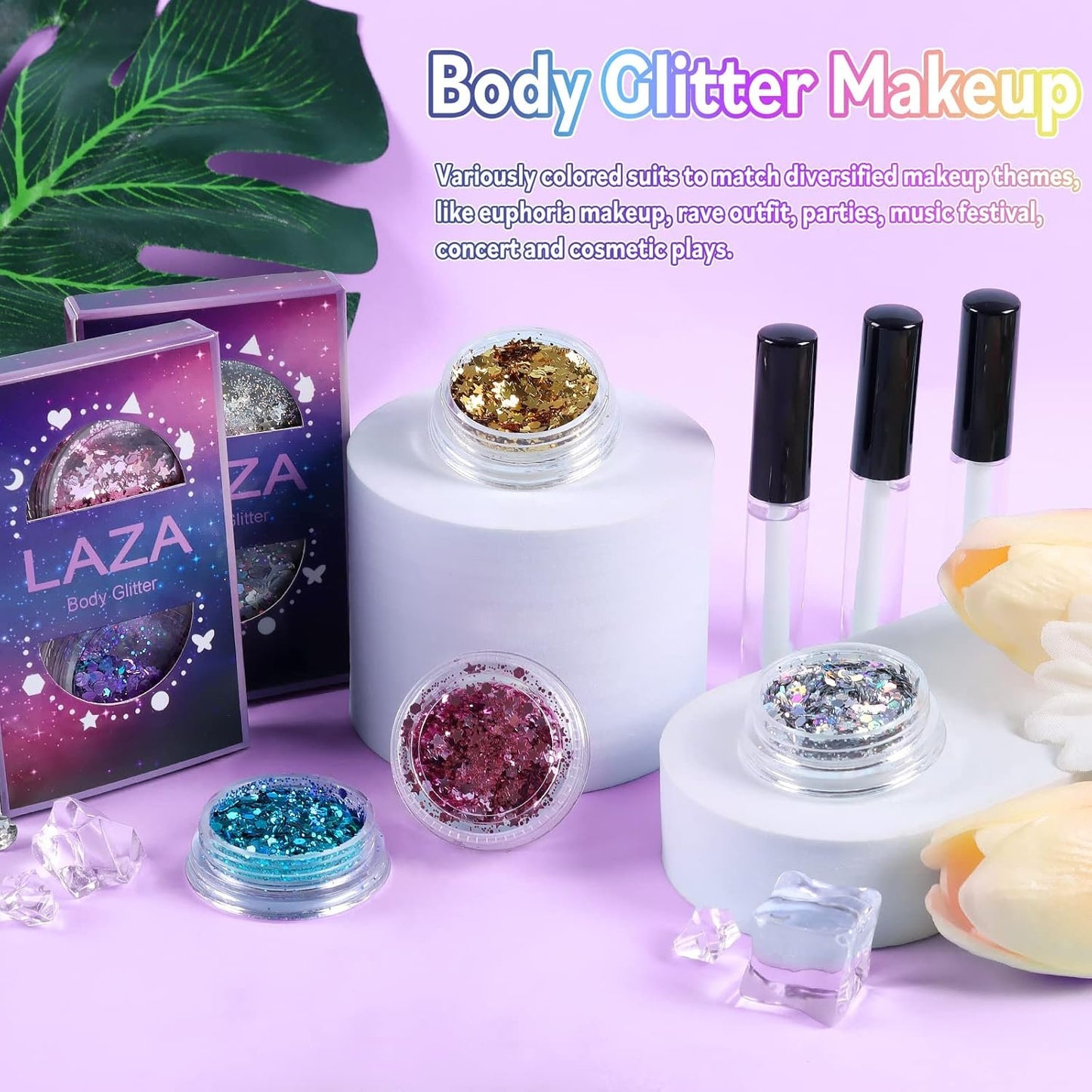 Laza Body Glitter, 2 Jars Holographic Chunky Sequins with Glitter Glue for Women Girls Eyeshadow Makeup Face Paint Festival Rave Outfits Hair Concert Accessories Carnival Party Costumes - Pink