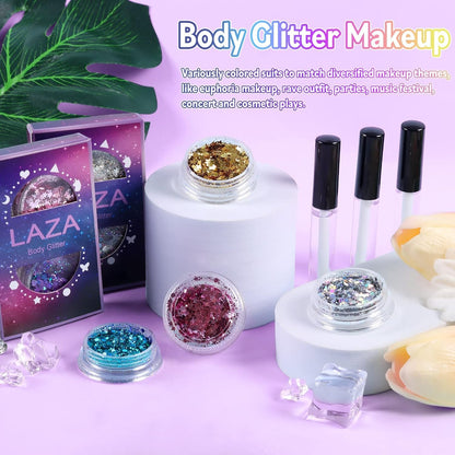 Laza Body Glitter, 2 Jars Holographic Chunky Sequins with Glitter Glue for Women Girls Eyeshadow Makeup Face Paint Festival Rave Outfits Hair Concert Accessories Carnival Party Costumes - Pink