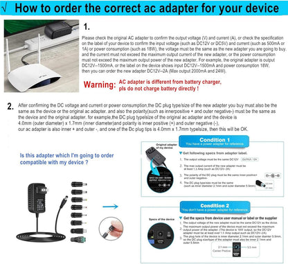 [Polarity Changeable] Universal 9V AC Adapter DC9V 2A Power Supply with 8 DC Plug Tips AC110V to DC9V 2A 1.5A 1A 500mA 400mA 200mA 100mA Power Adapter 9volt Converter Transformer Charger dc9v