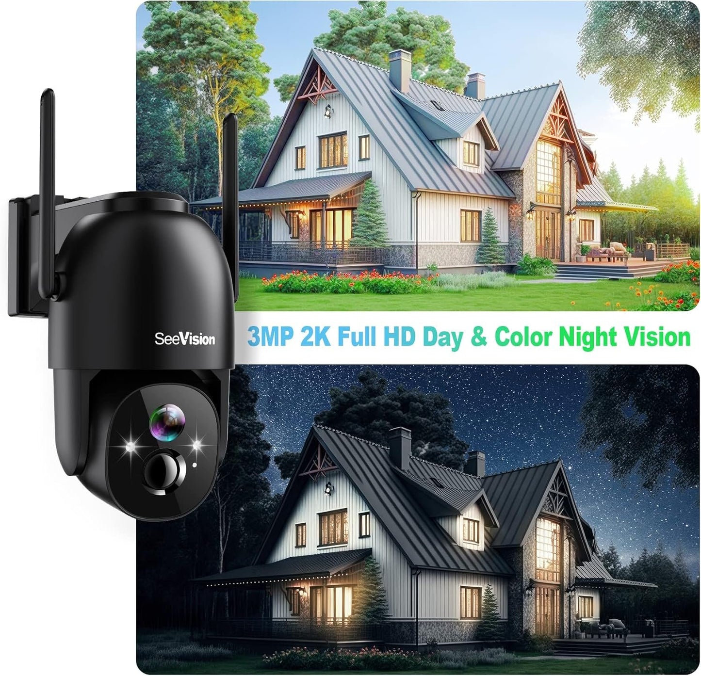 Solar Security Cameras Wireless Outdoor, 2K Battery Powered PTZ WiFi 3MP Security Camera for Home with Spotlight, PIR Motion Detection,Siren, Color Night Vision, 2-Way Talk, SD/Cloud Storage