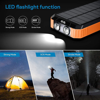 Solar Power Bank 30000 mAh,Wireless Portable Solar Power Bank Fast Charge Solar Phone Charger Power Bank with 3 Cables & LED Flashlights(Waterproof, Dustproof) Compatible with iOS & Android