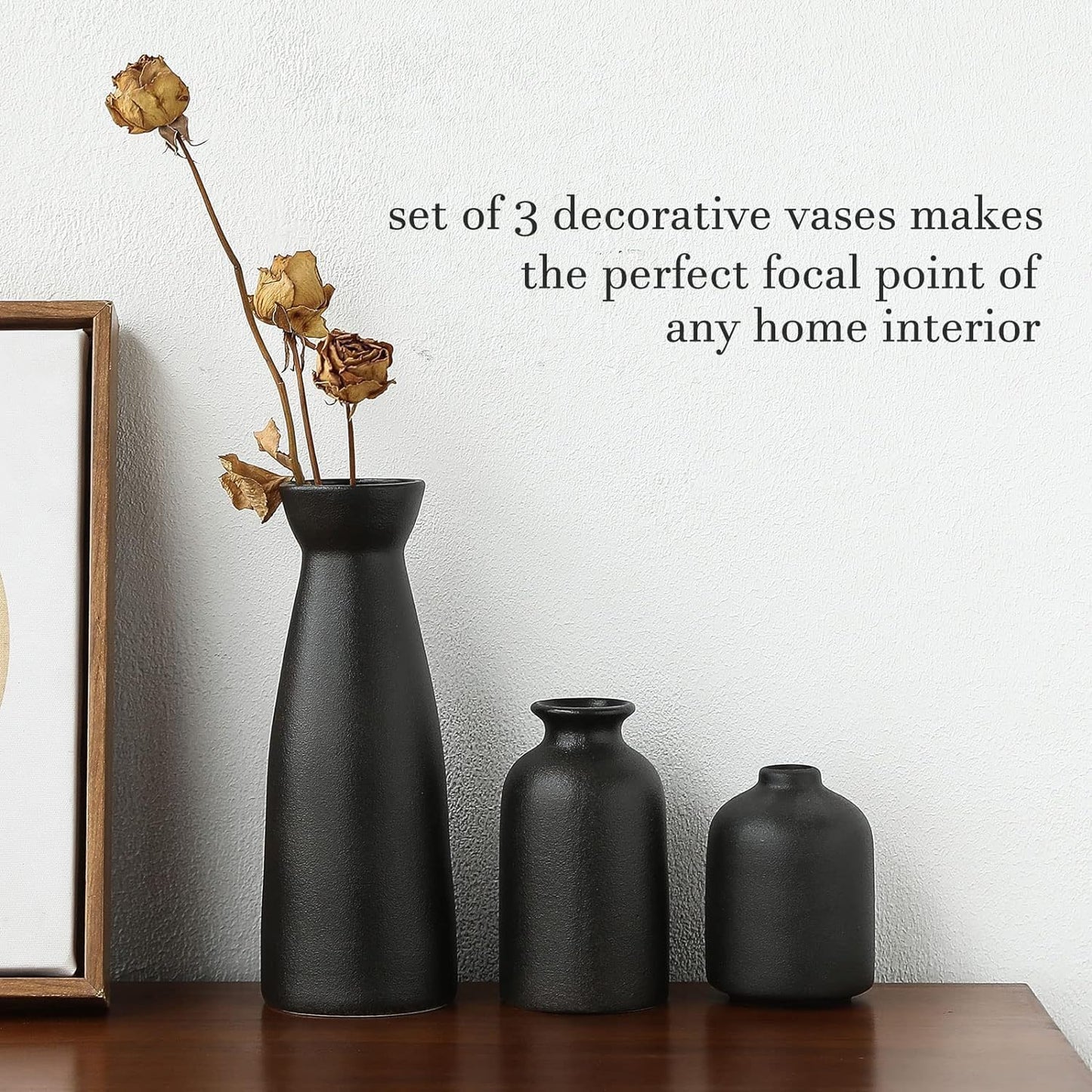 Fohouse Ceramic Vases for Home Decor, Small Flower Vase Set of 3 for Pampas Grass, Home, Living Room, Dining Table, Farmhouse, Office Decor, Bedroom, Table, and Kitchen Shelf, Black