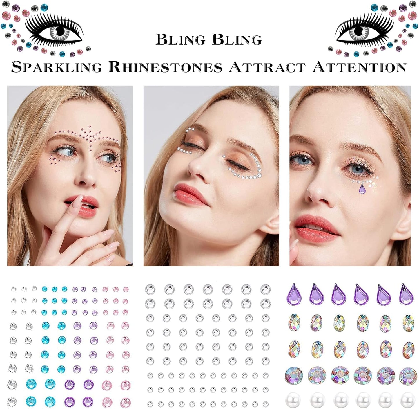 406 Pieces Glitter Gems Stickers for Face 7 Sheets Glitter Make Up Stickers for Gems, Body Eyes Rhinestones Stickers Stickers for Face Gems Festival Accessories Nail Art Decorations