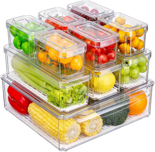 Pure Future 10-Pack Fridge Organizers and Storage - Stackable Refrigerator Bins with Lids, BPA-Free Clear Fruit Storage Produce Saver Containers for Vegetables, Food & Drinks