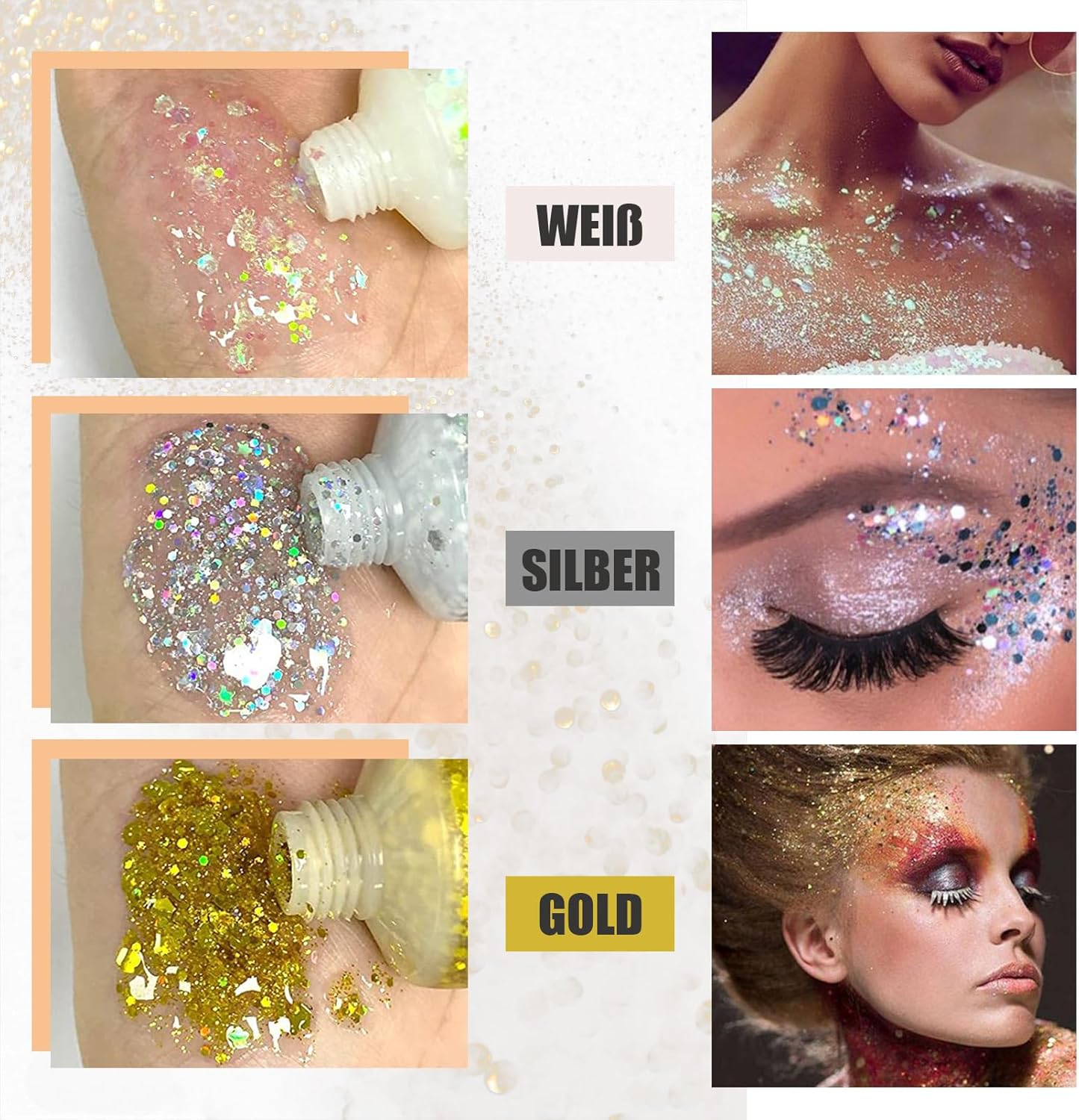 3 Pieces Body Glitter Gel Chunky Body Lotion Glitter Liquid Eyeshadow Mermaid Sparkly Sequins for Face Hair Lips Nails Make Up Festival Accessories Glitter Gold Silver White