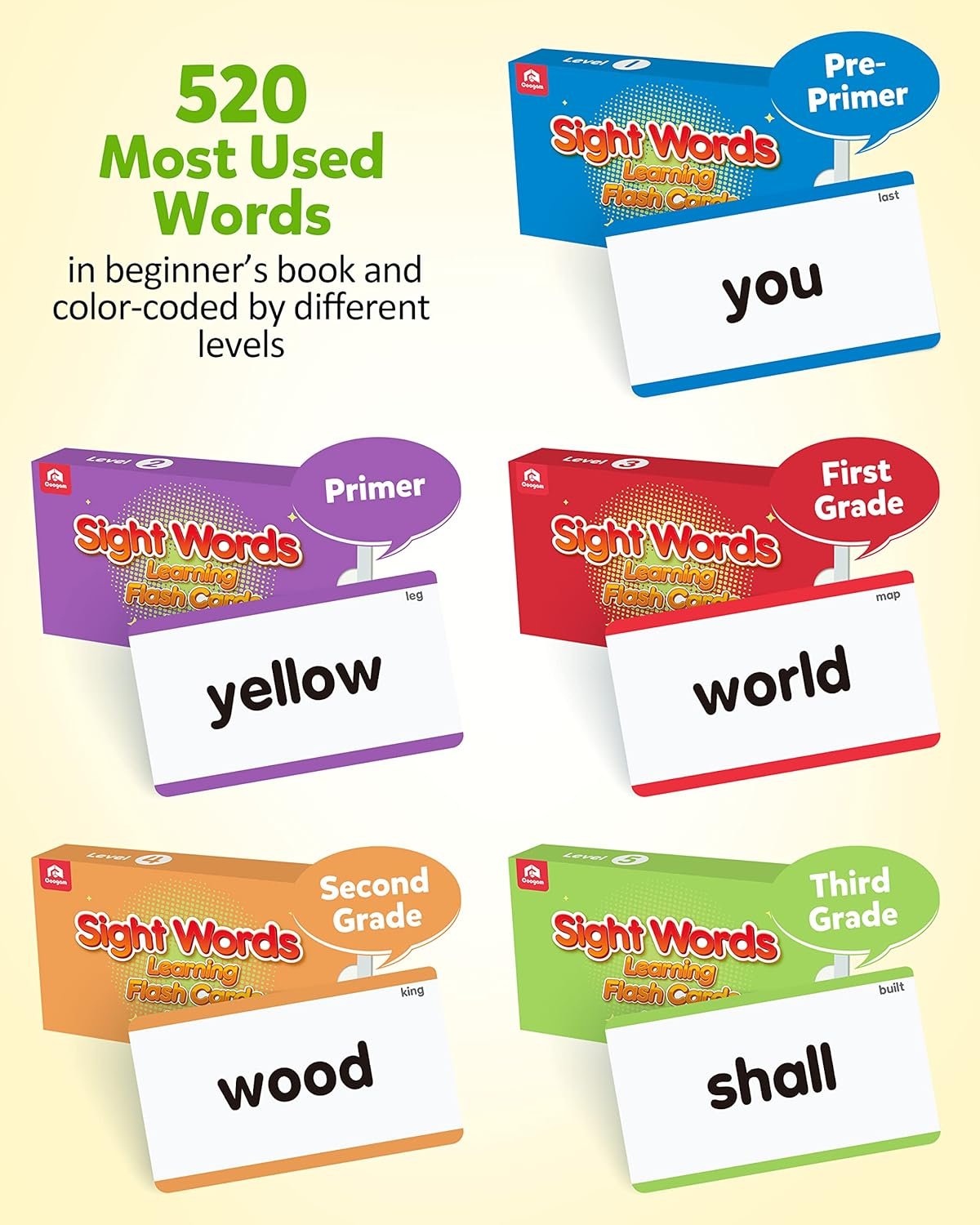 Coogam 520 Sight Words Flashcards Vocabulary Set, Dolch Fry High Frequency Site Word Educational Learning Toy for Pre-k Kindergarten 1st 2nd 3rd Grade Homeschool