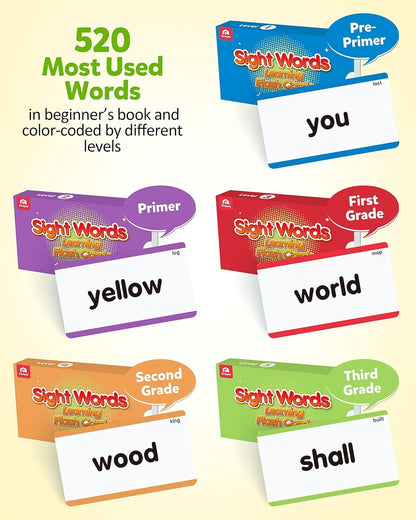 Coogam 520 Sight Words Flashcards Vocabulary Set, Dolch Fry High Frequency Site Word Educational Learning Toy for Pre-k Kindergarten 1st 2nd 3rd Grade Homeschool