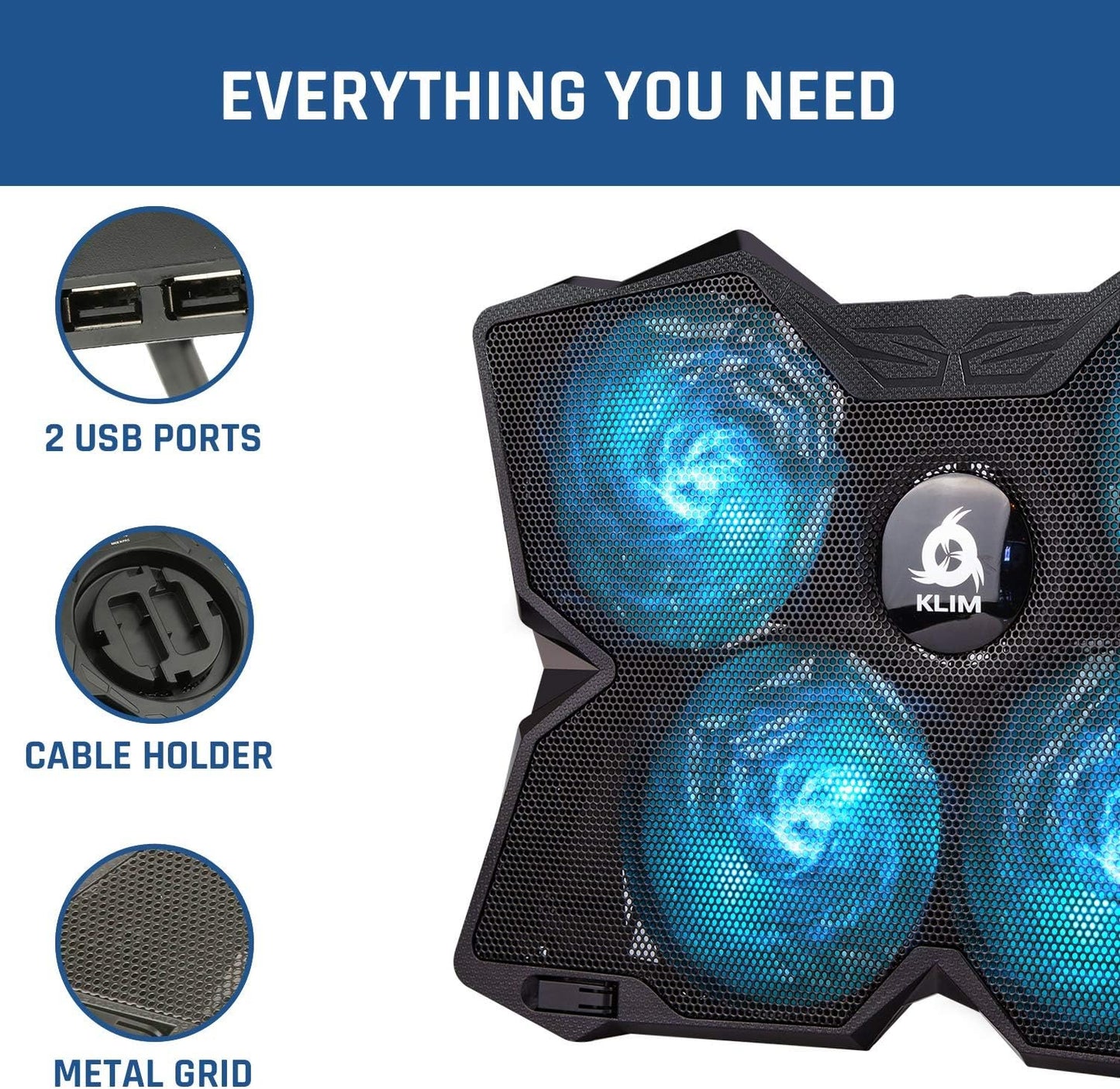 KLIM Wind - Laptop Cooling Pad - The Most Powerful Rapid Action Cooling Fan - Laptop Stand with 4 Cooling Fans at 1200 RPM - USB Fan - Compatible New Version - Cyan