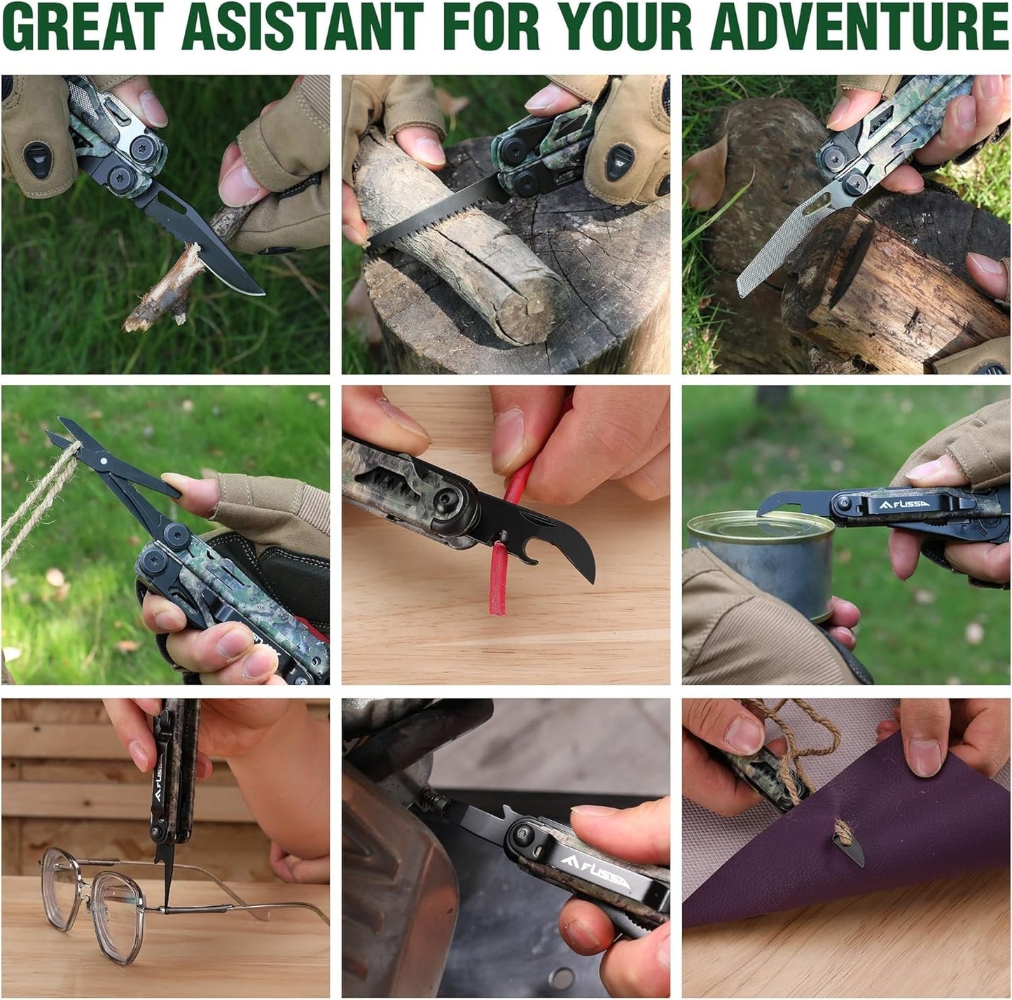 FLISSA 18-in-1 Multitool Pocket Knife with Sheath, Durable Stainless Steel Multi Tool Pliers for Men, Camo All-in-One Tool for Camping, Fishing, and Outdoor Use