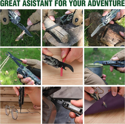 FLISSA 18-in-1 Multitool Pocket Knife with Sheath, Durable Stainless Steel Multi Tool Pliers for Men, Camo All-in-One Tool for Camping, Fishing, and Outdoor Use