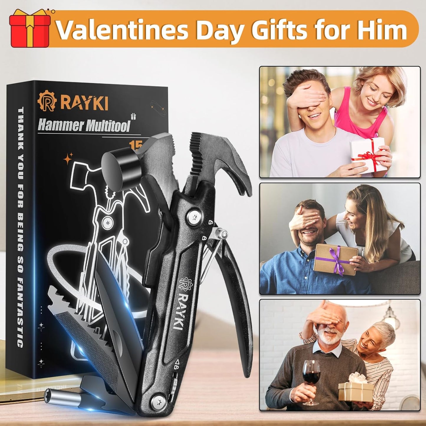 Stocking Stuffers for Men, Hammer Multitool 15 in 1 Christmas White Elephant Birthday Gifts for Men Dad Husband Boyfriend Camping Accessories Survival Gear Multi Tool with Gift Box Unique Cool Gadgets