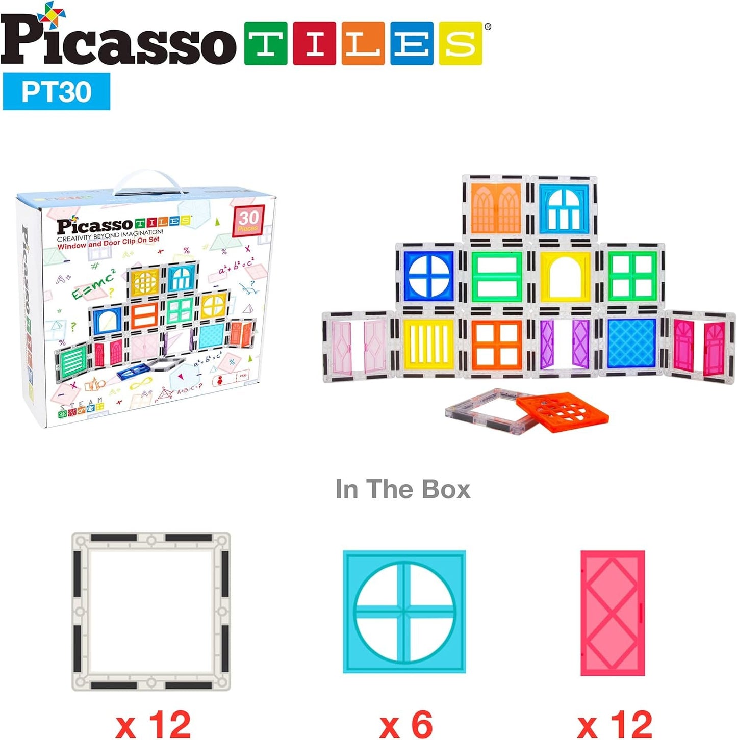 PicassoTiles 30 Piece Window and Door Clip On Magnetic Blocks Magnet Tiles Magnets Building Tile Construction Toy Set STEM Education Toys Learning Kit Stacking Block Playset Boys & Girls Age 3+ PT30