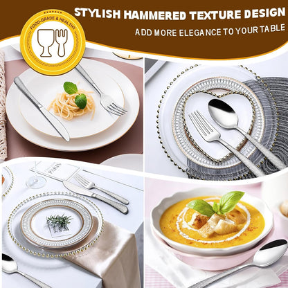 40-Piece Hammered Silverware Set, Stainless Steel Heavy Duty Flatware Set for 8, Food-Grade Tableware Cutlery Set, Utensil Sets for Home Restaurant, Mirror Finish, Dishwasher Safe