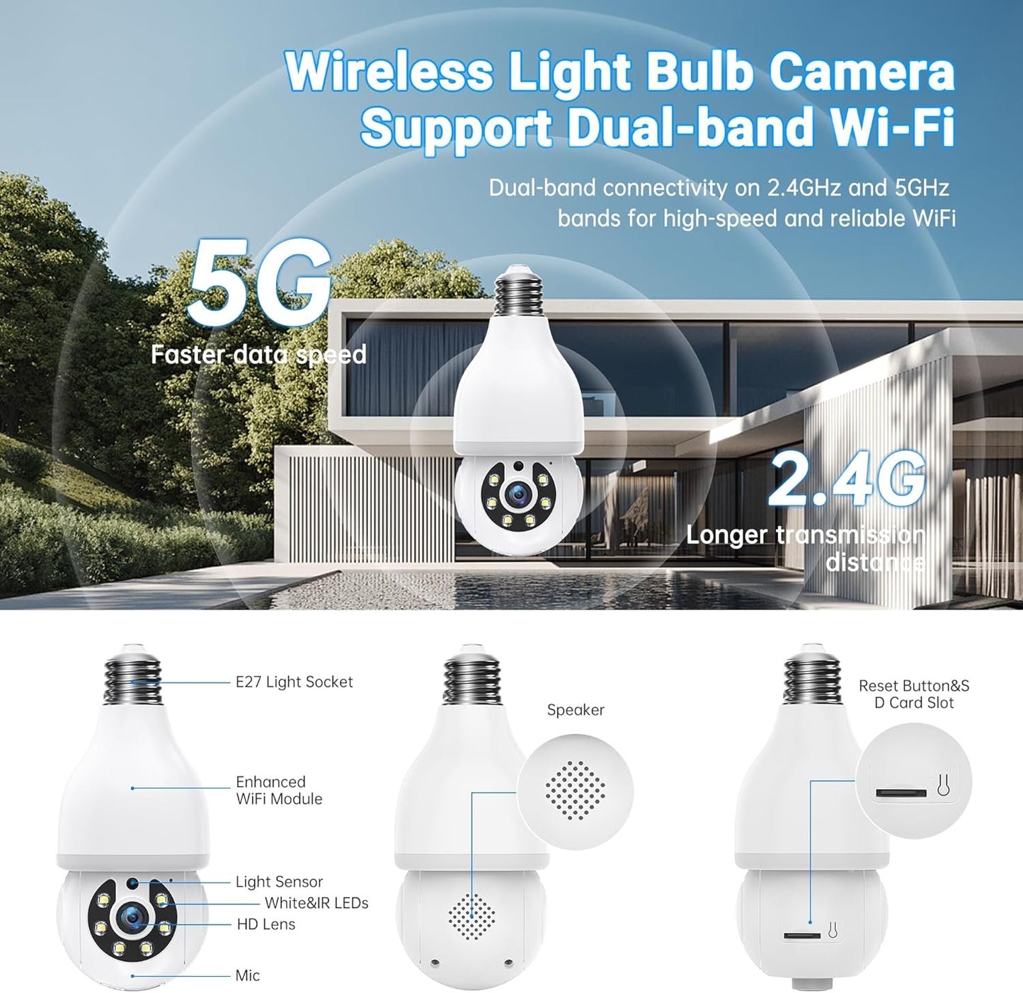 Light Bulb Security Camera 5G/2.4G,WiFi Bulb Security Cameras Wireless Outdoor, 2K Light Bulb Camera, AI Motion Detection Cameras for Home Security Outdoor,Smart Security Camera Compatible with Alexa