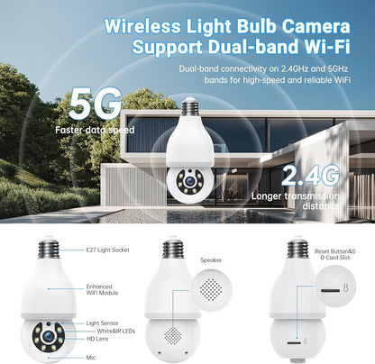 Light Bulb Security Camera 5G/2.4G,WiFi Bulb Security Cameras Wireless Outdoor, 2K Light Bulb Camera, AI Motion Detection Cameras for Home Security Outdoor,Smart Security Camera Compatible with Alexa