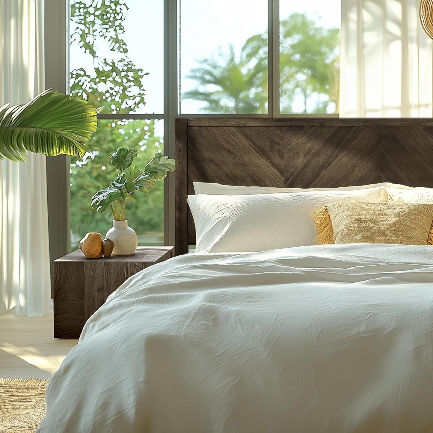 Acacia Alander Queen Solid Wood Bed Frame with Headboard, Scandinavian Signature High Headboard Wood Bed Compatible with All Mattress Types, No Box Spring Needed, Quick & Easy Assembly, Mocha