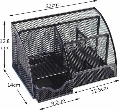 Desk Organizer with Drawer and Compartments, Small Mesh Office Desk Accessories Supplies, Metal Black Stationary Pencil Pen Holder for desk organizers and storage (Black)