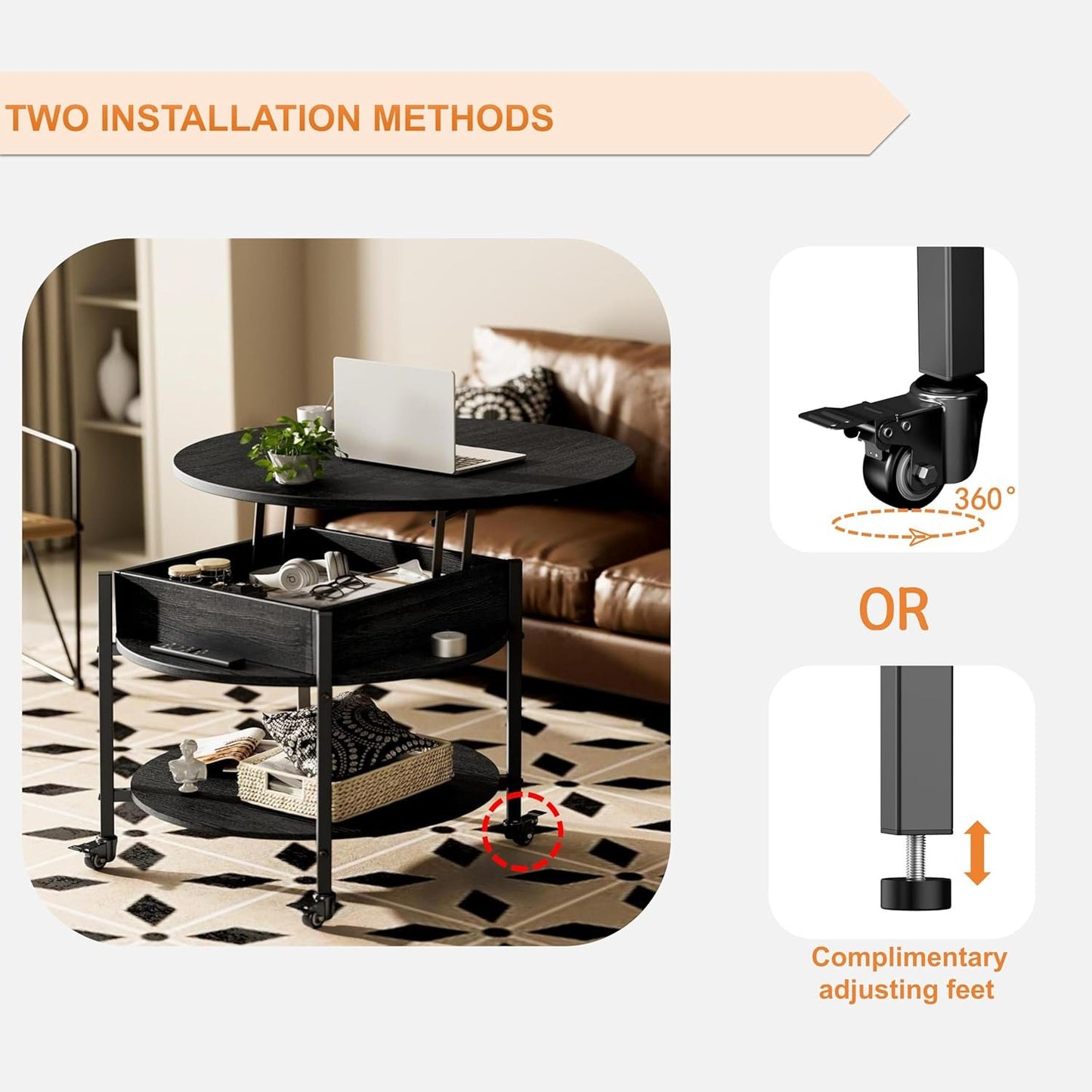 Ablefurn Mid Century Black Coffee Table, 26.77” Lift Top Coffee Table with Removeable Wheels, Hidden Compartment and Open Shelf, Wood Lift Tabletop Central Dining Table for Living Room, Home Office