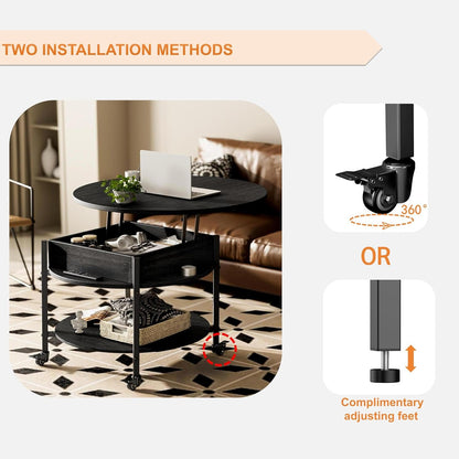 Ablefurn Mid Century Black Coffee Table, 26.77” Lift Top Coffee Table with Removeable Wheels, Hidden Compartment and Open Shelf, Wood Lift Tabletop Central Dining Table for Living Room, Home Office