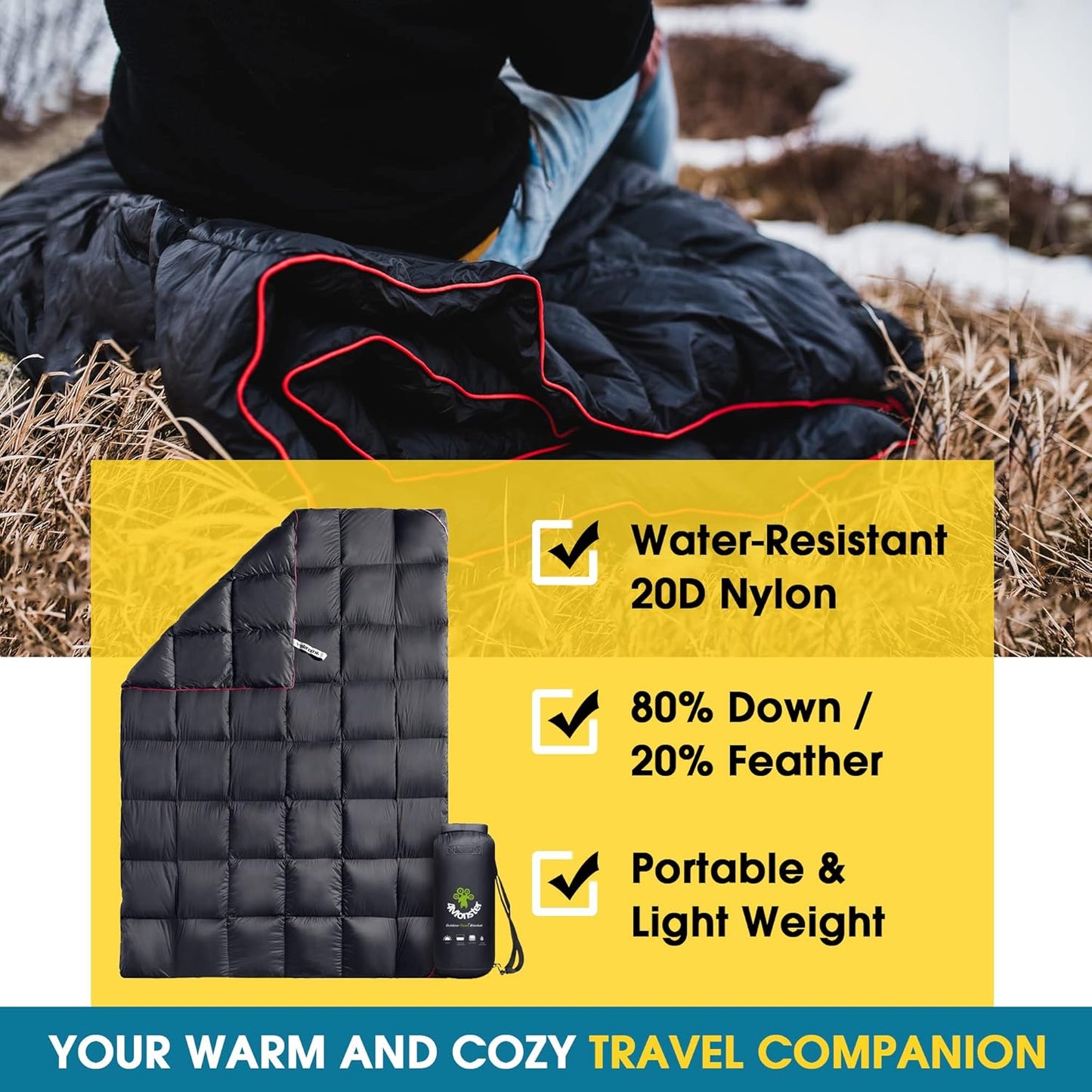 4Monster Down Camping Blanket - Outdoor Travel Quilt Puffy 650 Fill, Packable, Lightweight,Wind & Waterproof | Ideal for Stadium, Backpacking, Camping, Travel, Picnics, Beach and Hiking