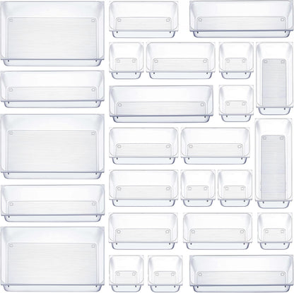 25 PCS Clear Plastic Drawer Organizers Set, 4-Size Versatile Bathroom and Vanity Drawer Organizer Trays, Storage Bins for Makeup, Bedroom, Kitchen Gadgets Utensils and Office Accessories