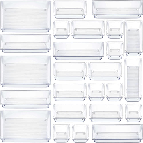 25 PCS Clear Plastic Drawer Organizers Set, 4-Size Versatile Bathroom and Vanity Drawer Organizer Trays, Storage Bins for Makeup, Bedroom, Kitchen Gadgets Utensils and Office Accessories