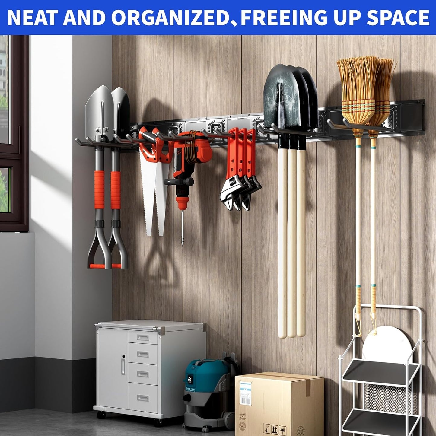 Garage Organization Tool Organizer Wall Mount, 48inch Heavy Duty Garden Tool Storage System, Easy Install With 6 Adjustable Straight Hooks, For Home, Garage, Outdoor, Workshops (Black)