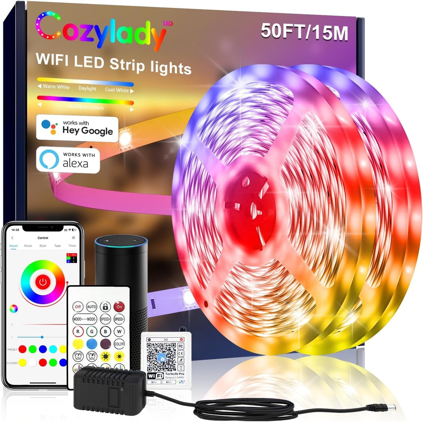 Cozylady WiFi LED Strip Lights 15m(2rolls of 7.5m), Smart RGB Light Strips Compatible with Alexa, Google Home, APP Control,Music Sync RGB Lights for Bedroom Children's Room Party Decor Gift
