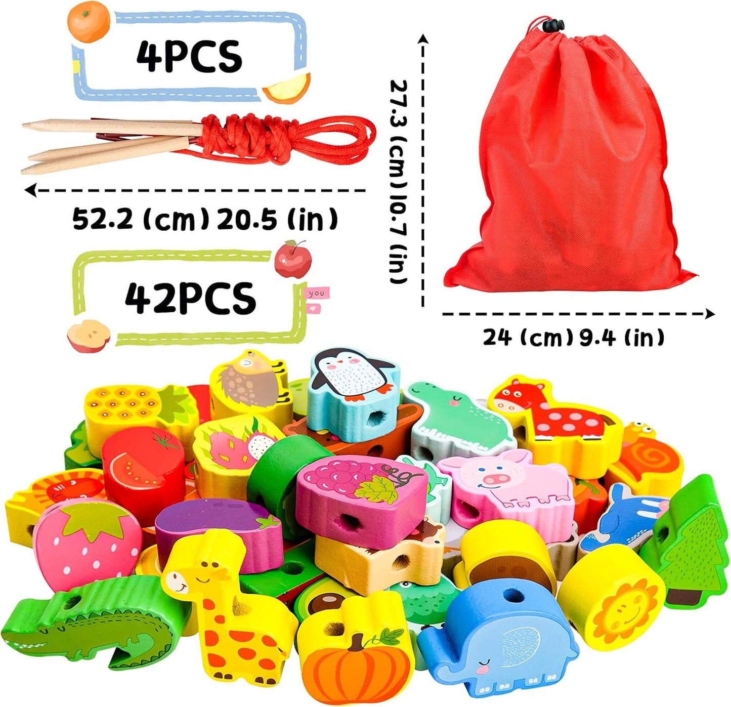 LITTLEFUN Preschool Montessori Wooden Threading Toys with Animals Fruits Number Alphabet Traffic Beads for Kids Toddler - Best Toy Gifts