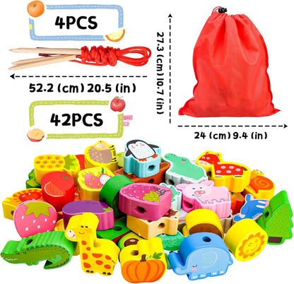 LITTLEFUN Preschool Montessori Wooden Threading Toys with Animals Fruits Number Alphabet Traffic Beads for Kids Toddler - Best Toy Gifts