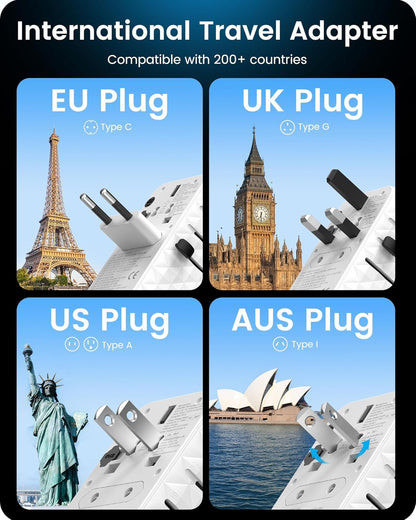 LENCENT 85W Travel Adapter with Retractable Cable, 6-in-1 International Power Adapters (3 Type C+1 USB A), GaN Fast Charging Travel Plug Adaptor for AU to US Japan EU UK Bali (Type C/G/A/I)