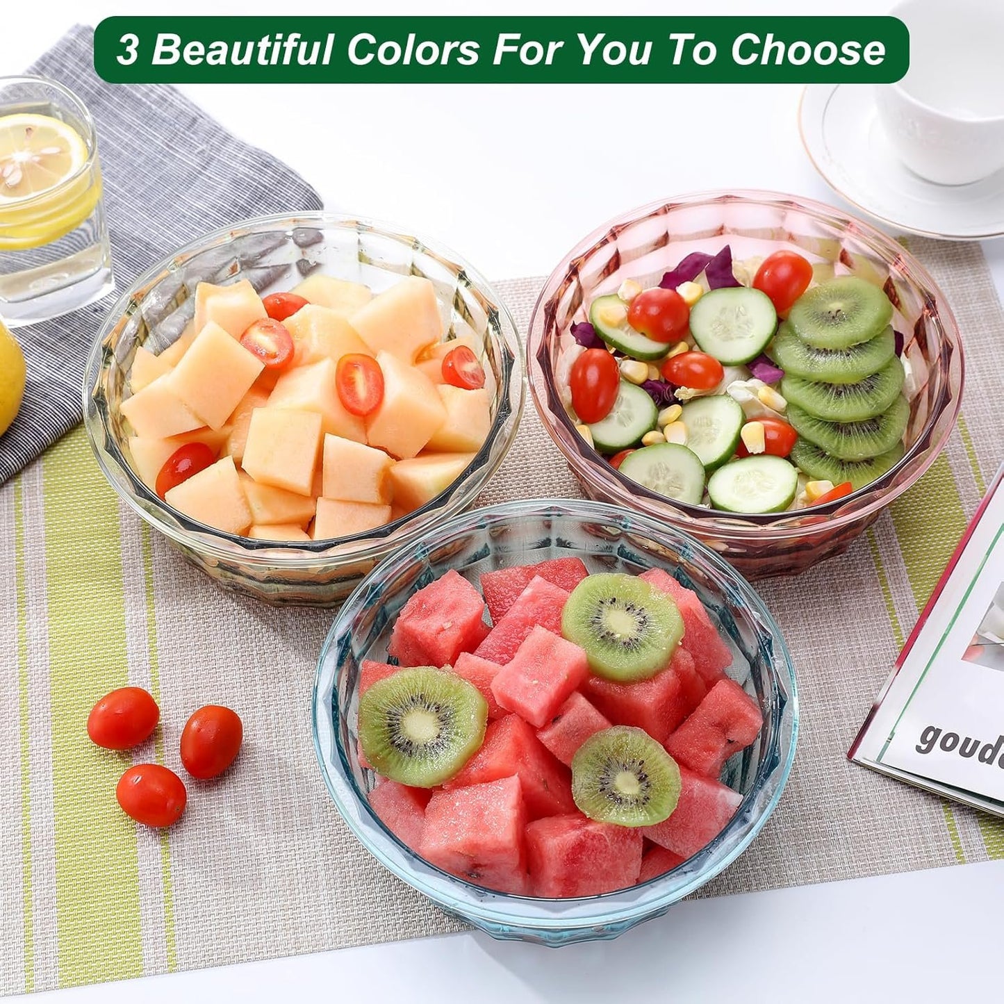 Taiuloo Set of 3 Salad Bowls With Lids & Handles, Food Storage Containers for Meal Prep and Lunch, BPA Free Plastic Serving Bowl Set, Pink