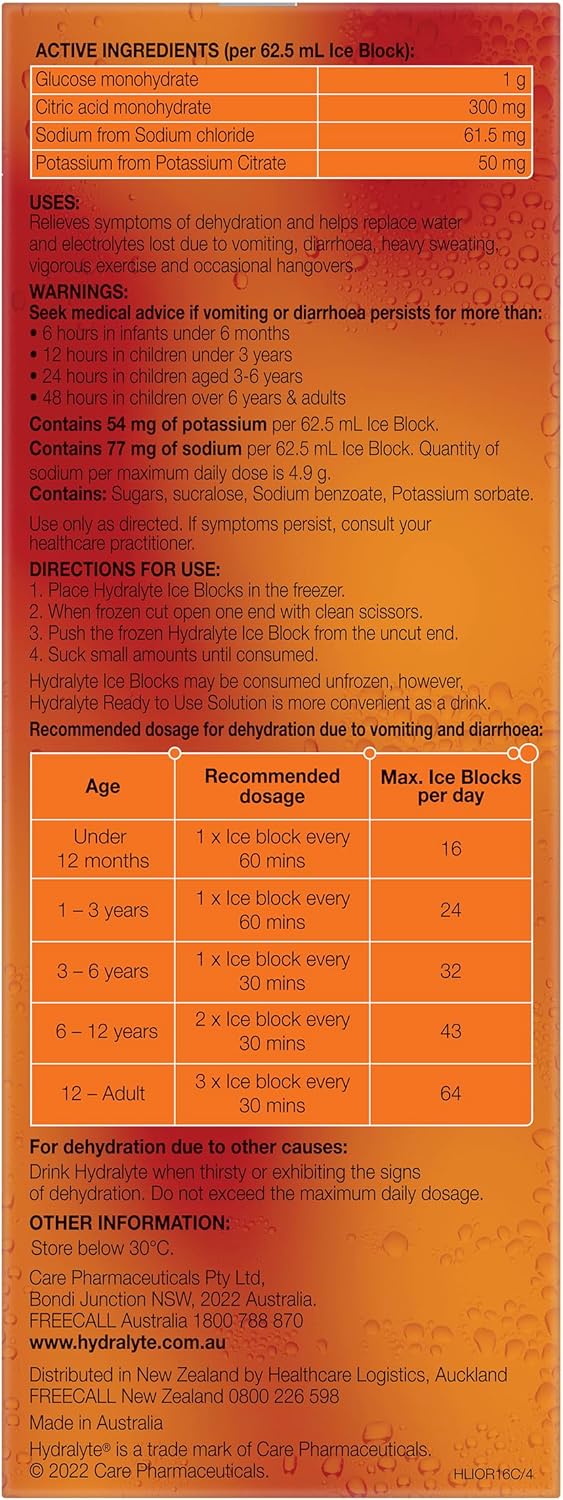 Hydralyte Electrolyte Ice Blocks Orange Flavoured 16 Packs