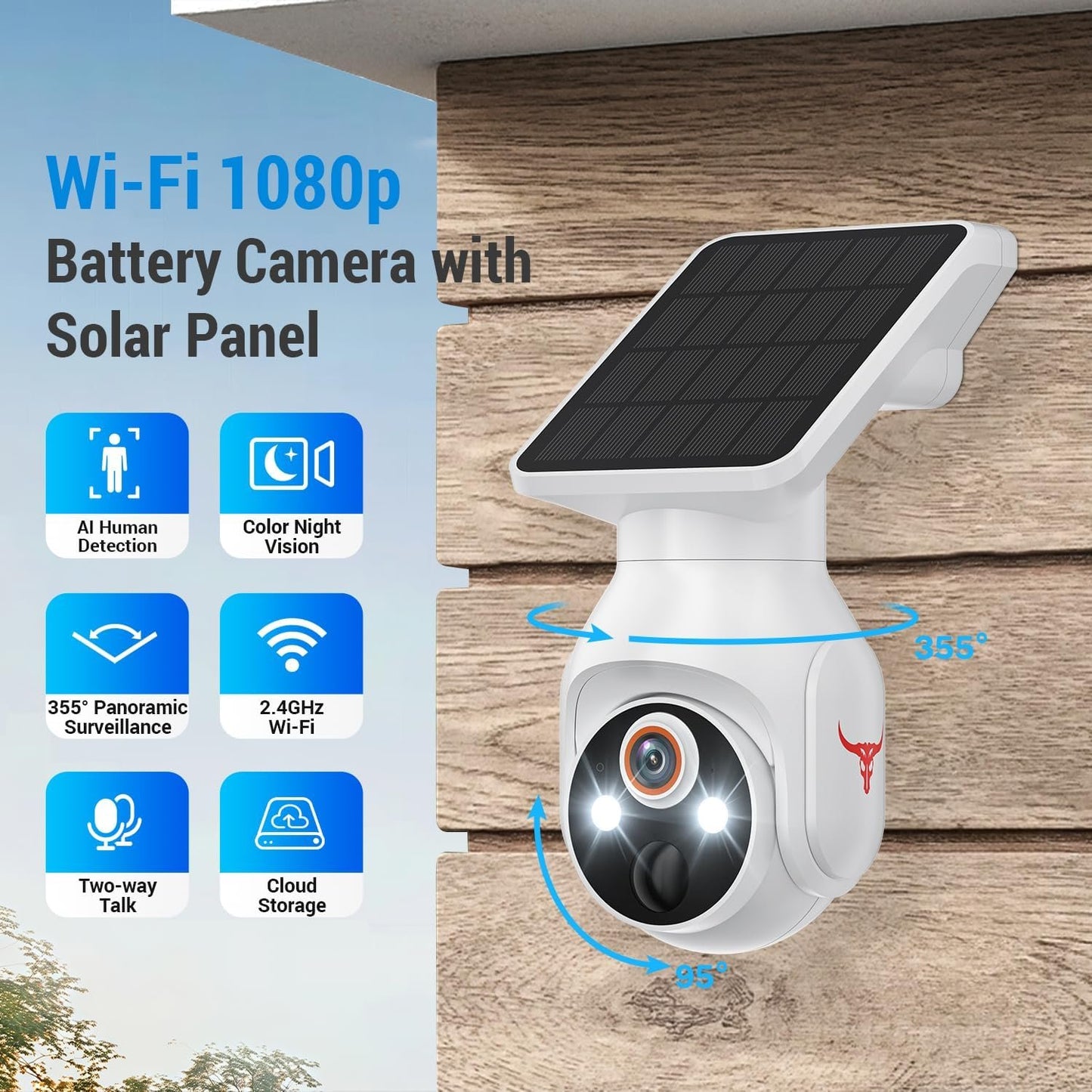1080p Security Camera Wireless with Solar Panel, Smart AI Human Detection, 2-Way Audio, Color Night Vision, 2.4G WiFi, Cloud Storage, Indoor/Outdoor Surveillance Bullet Cam (WiFi)