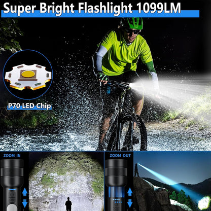 Dszuu Rechargeable Flashlight 1099 Lumens, Tactical Led Flashlights with Zoomable, 8 Modes & COB Light, IPX7 Waterproof, Super Bright Flash Light for Camping, Emergency