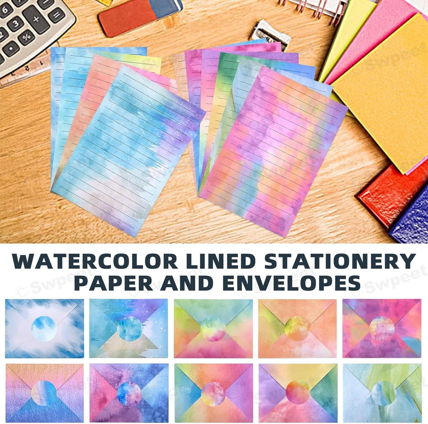 Swpeet 200Pcs 10 Designs Watercolor Stationery Set, Including 50pcs Watercolor Lined Stationery Paper, 50pcs Envelopes and 100 Stickers Ideal for Writing Poems Lyrics Wedding Invitations