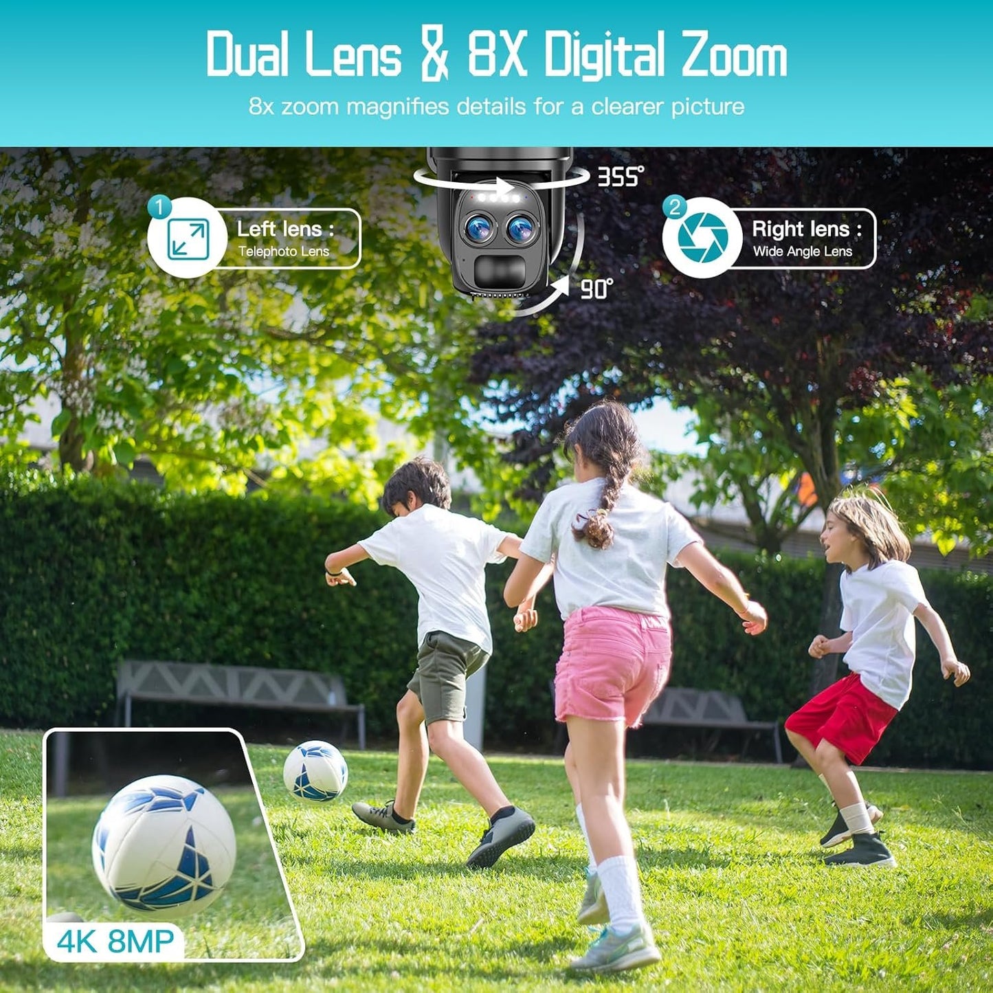 4K 8MP Solar Security Cameras Wireless Outdoor Battery Powered,360Â°PTZ Wireless Cameras for Home Security with Spotlight Siren, 5Dbi Dual antenna,PIR Human Detection,Color Night Vision,2-Way Talk