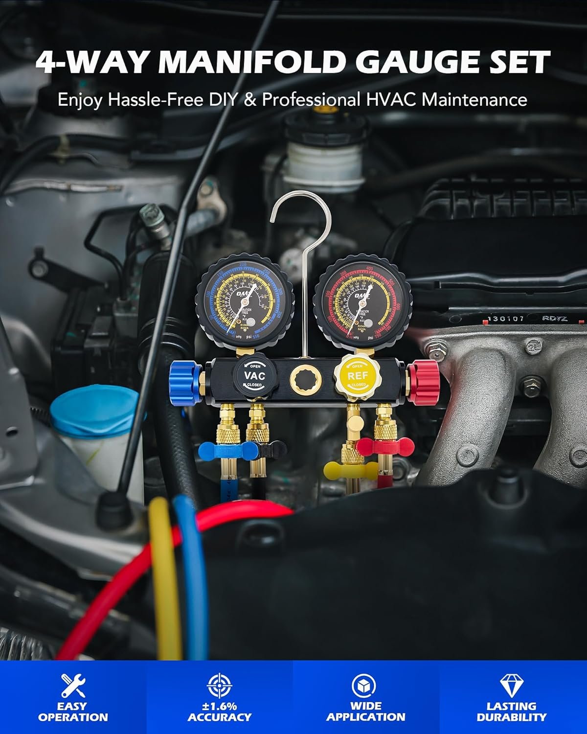 Orion Motor Tech AC Manifold Gauge Set for R410a R22 R134a Refrigerant, 4 Valve Automotive AC Gauge Set with Antishock Gauges Color Coded Hoses Couplers Adapters, Puncturing Can Tap Freon Recharge Kit