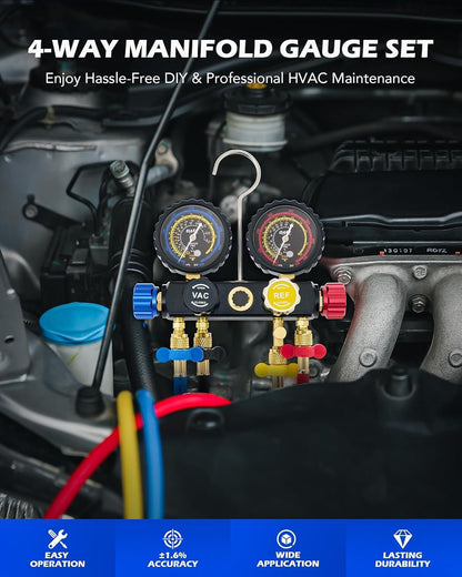 Orion Motor Tech AC Manifold Gauge Set for R410a R22 R134a Refrigerant, 4 Valve Automotive AC Gauge Set with Antishock Gauges Color Coded Hoses Couplers Adapters, Puncturing Can Tap Freon Recharge Kit