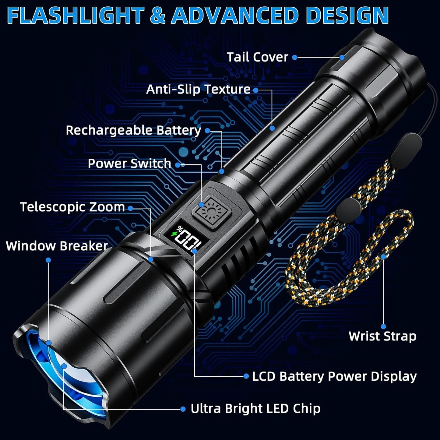 Rechargeable Flashlight 990000 High Lumen, Brightest LED Flashlights with IPX7 Waterproof, Zoomable, 4 Lighting Modes Super Bright Flash Light, Tactical Flash Light for Outdoor, Camping, Emergency